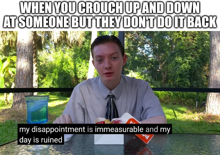 The pain- | WHEN YOU CROUCH UP AND DOWN AT SOMEONE BUT THEY DON'T DO IT BACK | image tagged in my disappointment is immeasurable | made w/ Imgflip meme maker