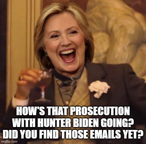 Hilleorious | HOW'S THAT PROSECUTION WITH HUNTER BIDEN GOING? DID YOU FIND THOSE EMAILS YET? | image tagged in hilleorious | made w/ Imgflip meme maker