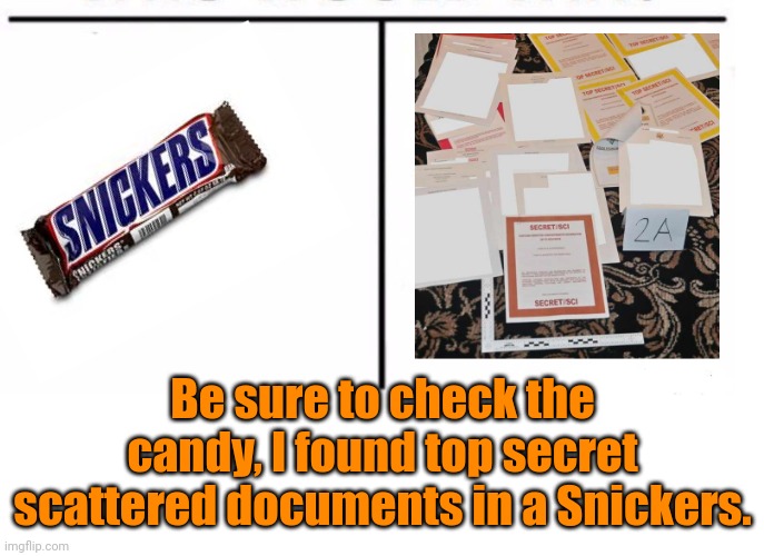 Happy soon to be Halloween politics! | Be sure to check the candy, I found top secret scattered documents in a Snickers. | image tagged in comparison table,halloween is coming,scp document | made w/ Imgflip meme maker