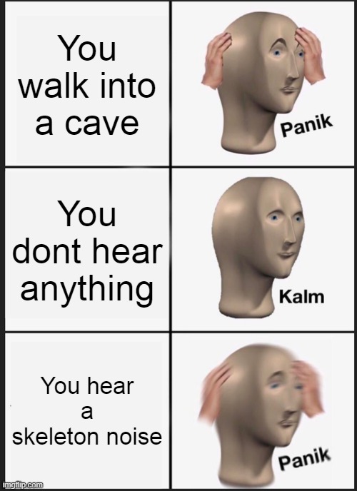 Minecraft Players Will Get This | You walk into a cave; You dont hear anything; You hear a skeleton noise | image tagged in memes,panik kalm panik | made w/ Imgflip meme maker