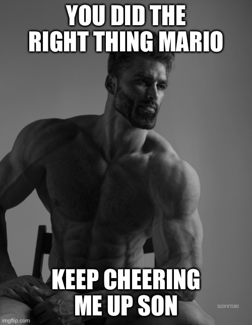 Giga Mario in comment | YOU DID THE RIGHT THING MARIO KEEP CHEERING ME UP SON | image tagged in giga chad | made w/ Imgflip meme maker