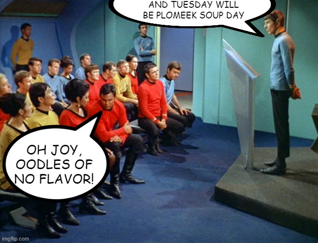 Yuck |  AND TUESDAY WILL BE PLOMEEK SOUP DAY; OH JOY, OODLES OF NO FLAVOR! | image tagged in star trek meeting | made w/ Imgflip meme maker