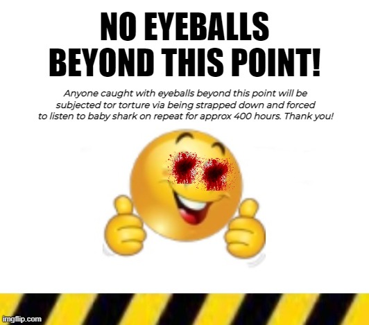 NO EYEBALLS BEYOND THIS POINT! Anyone caught with eyeballs beyond this point will be subjected tor torture via being strapped down and forced to listen to baby shark on repeat for approx 400 hours. Thank you! | made w/ Imgflip meme maker