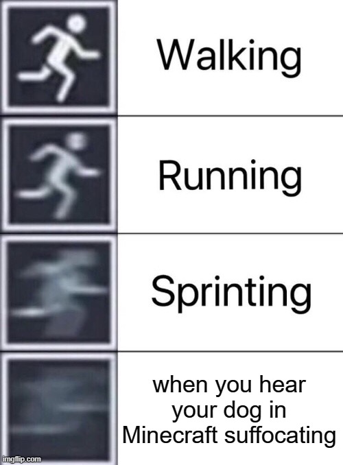 wait a minute- somethings ain't right | when you hear your dog in Minecraft suffocating | image tagged in walking running sprinting,minecraft,relatable | made w/ Imgflip meme maker