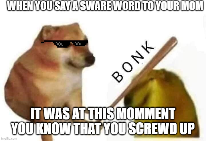 Doge bonk | WHEN YOU SAY A SWARE WORD TO YOUR MOM; IT WAS AT THIS MOMMENT YOU KNOW THAT YOU SCREWD UP | image tagged in doge bonk | made w/ Imgflip meme maker