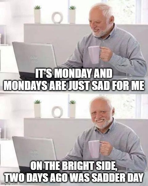 Bah, Mondays | IT'S MONDAY AND MONDAYS ARE JUST SAD FOR ME; ON THE BRIGHT SIDE, TWO DAYS AGO WAS SADDER DAY | image tagged in memes,hide the pain harold | made w/ Imgflip meme maker