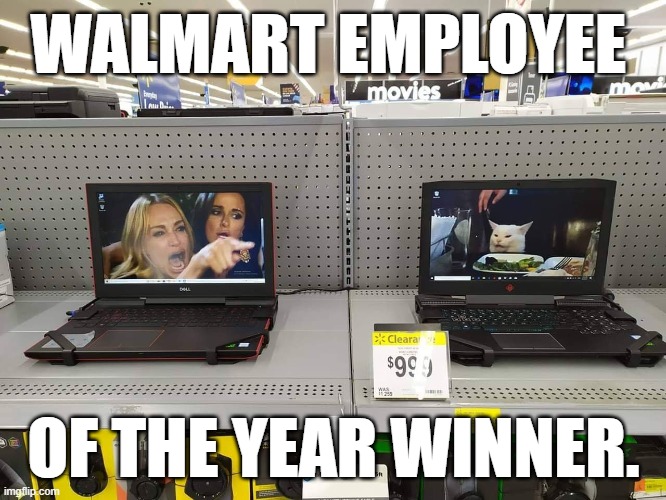WALMART EMPLOYEE; OF THE YEAR WINNER. | WALMART EMPLOYEE; OF THE YEAR WINNER. | image tagged in walmart,woman yelling at a cat,taylor armstrong crying and pointing | made w/ Imgflip meme maker