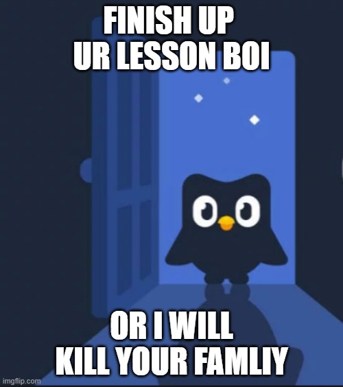 true | FINISH UP  UR LESSON BOI; OR I WILL KILL YOUR FAMLIY | image tagged in duolingo bird | made w/ Imgflip meme maker