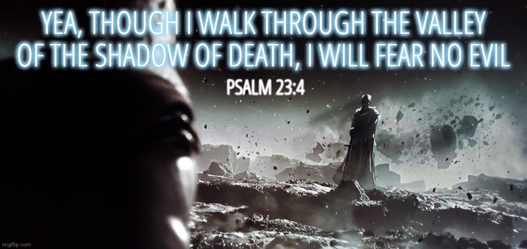 Valley of the Shadow | YEA, THOUGH I WALK THROUGH THE VALLEY OF THE SHADOW OF DEATH, I WILL FEAR NO EVIL; PSALM 23:4 | image tagged in thor god butcher in distance,memes,quotes,bible,conservatives | made w/ Imgflip meme maker