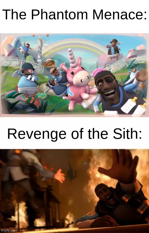 Crazy how much the tone of the prequels changes over each time. | The Phantom Menace:; Revenge of the Sith: | made w/ Imgflip meme maker