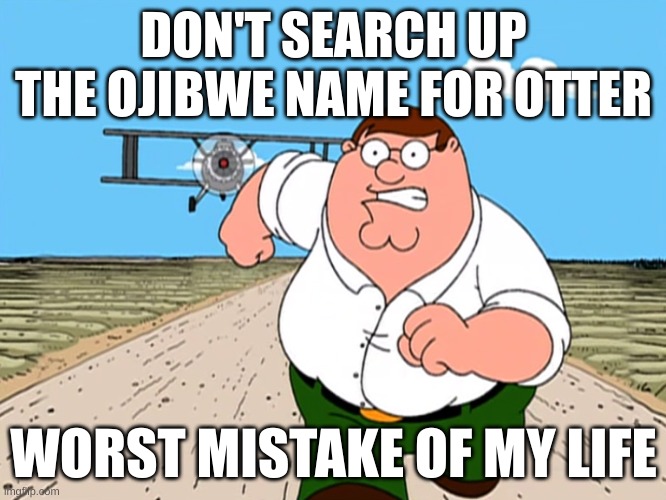 Peter Griffin running away | DON'T SEARCH UP THE OJIBWE NAME FOR OTTER; WORST MISTAKE OF MY LIFE | image tagged in peter griffin running away | made w/ Imgflip meme maker