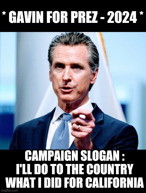 Dems Gotta Slick One |  * GAVIN FOR PREZ - 2024 *; CAMPAIGN SLOGAN :
I'LL DO TO THE COUNTRY WHAT I DID FOR CALIFORNIA | image tagged in liberals,leftists,democrats,pelosi,gavin,2024 | made w/ Imgflip meme maker