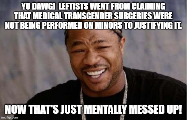 Did anyone else notice this? | YO DAWG!  LEFTISTS WENT FROM CLAIMING THAT MEDICAL TRANSGENDER SURGERIES WERE NOT BEING PERFORMED ON MINORS TO JUSTIFYING IT. NOW THAT'S JUST MENTALLY MESSED UP! | image tagged in yo dawg heard you | made w/ Imgflip meme maker