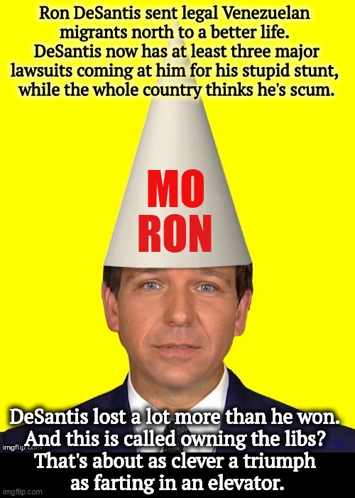 Moron Ron DeSantis making Florida as stupid as he is | Ron DeSantis sent legal Venezuelan 
migrants north to a better life. 
DeSantis now has at least three major lawsuits coming at him for his stupid stunt, 
while the whole country thinks he's scum. DeSantis lost a lot more than he won. 
And this is called owning the libs? 
That's about as clever a triumph 
as farting in an elevator. | image tagged in moron ron desantis making florida as stupid as he is,ron desantis,moron,conservative | made w/ Imgflip meme maker
