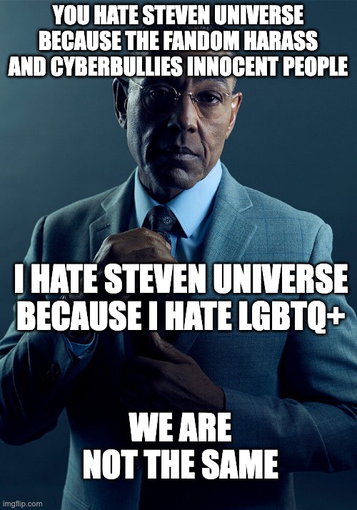 Gus Fring we are not the same | YOU HATE STEVEN UNIVERSE BECAUSE THE FANDOM HARASS AND CYBERBULLIES INNOCENT PEOPLE; I HATE STEVEN UNIVERSE BECAUSE I HATE LGBTQ+; WE ARE NOT THE SAME | image tagged in gus fring we are not the same | made w/ Imgflip meme maker
