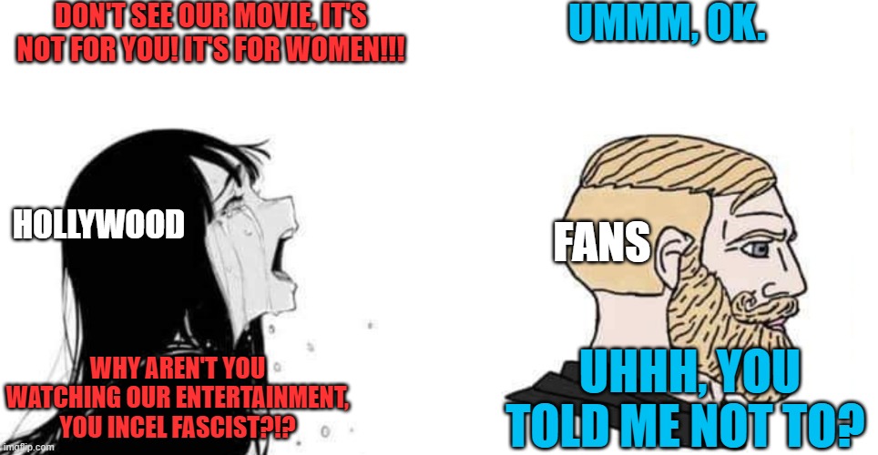Not even trying to be mean. They told us it wasn't for us, we didn't go watch it, now they're mad. Thought you'd be happy. | DON'T SEE OUR MOVIE, IT'S NOT FOR YOU! IT'S FOR WOMEN!!! UMMM, OK. HOLLYWOOD; FANS; WHY AREN'T YOU WATCHING OUR ENTERTAINMENT, YOU INCEL FASCIST?!? UHHH, YOU TOLD ME NOT TO? | image tagged in babe please,fandoms,cancel culture,pop culture,comics/cartoons,movies | made w/ Imgflip meme maker
