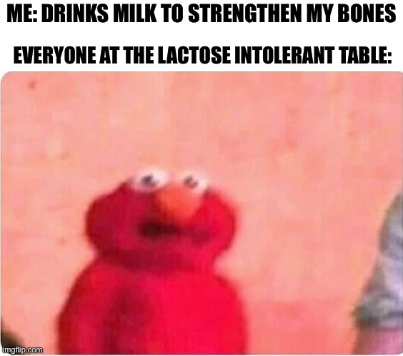 School lunch | ME: DRINKS MILK TO STRENGTHEN MY BONES; EVERYONE AT THE LACTOSE INTOLERANT TABLE: | image tagged in sickened elmo,milk,lactose intolerant | made w/ Imgflip meme maker