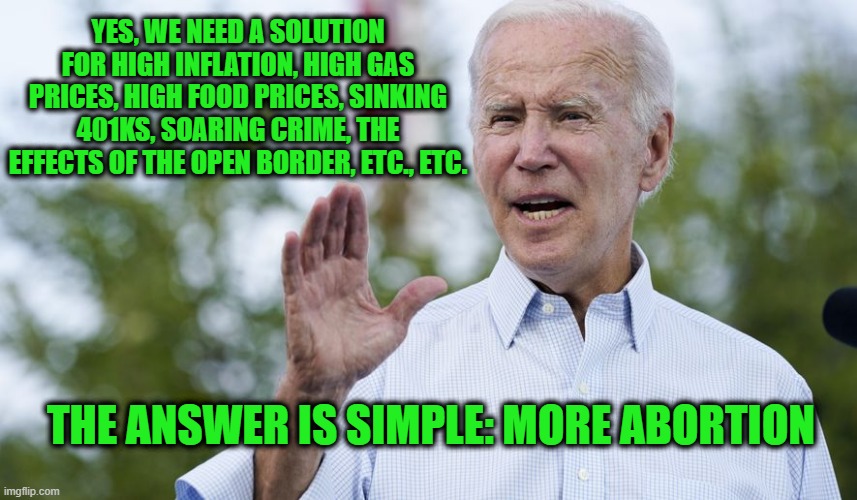 Economic and Social Chaos?  Biden's Got the Answer | YES, WE NEED A SOLUTION FOR HIGH INFLATION, HIGH GAS PRICES, HIGH FOOD PRICES, SINKING 401KS, SOARING CRIME, THE EFFECTS OF THE OPEN BORDER, ETC., ETC. THE ANSWER IS SIMPLE: MORE ABORTION | image tagged in joe biden,economy,inflation,crime,illegal immigration,abortion | made w/ Imgflip meme maker