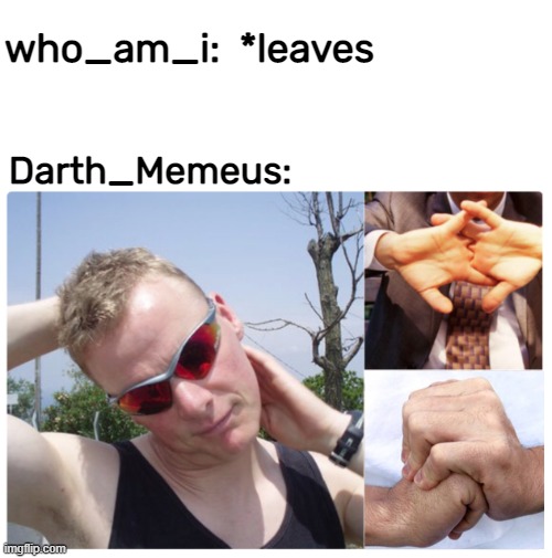 I gotchu covered | who_am_i:  *leaves; Darth_Memeus: | image tagged in my time has come | made w/ Imgflip meme maker