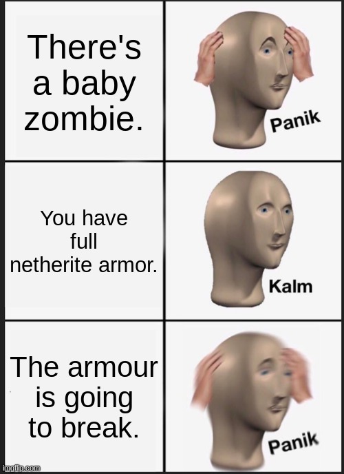 Panik Kalm Panik | There's a baby zombie. You have full netherite armor. The armour is going to break. | image tagged in memes,panik kalm panik | made w/ Imgflip meme maker