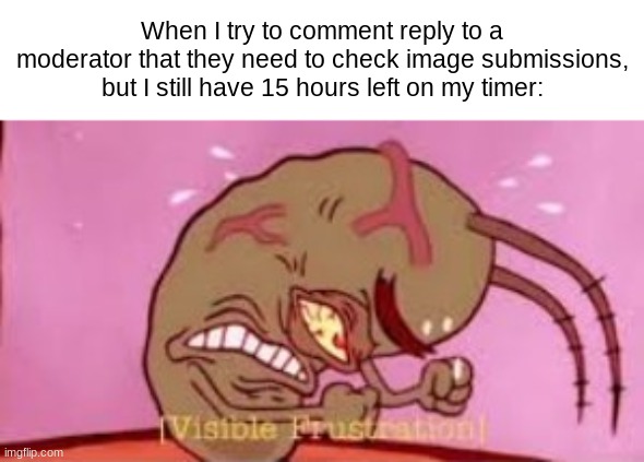 Visible Frustration | When I try to comment reply to a moderator that they need to check image submissions, but I still have 15 hours left on my timer: | image tagged in visible frustration | made w/ Imgflip meme maker