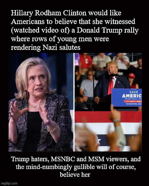 Donald Trump rally and Nazi salutes ... | Hillary Rodham Clinton would like 
Americans to believe that she witnessed
(watched video of) a Donald Trump rally 
where rows of young men were 
rendering Nazi salutes; Trump haters, MSNBC and MSM viewers, and
the mind-numbingly gullible will of course,
believe her | image tagged in donald trump,nazi salutes,donald trump rally | made w/ Imgflip meme maker