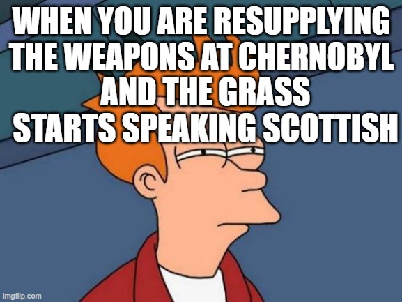 ** | WHEN YOU ARE RESUPPLYING THE WEAPONS AT CHERNOBYL; AND THE GRASS STARTS SPEAKING SCOTTISH | image tagged in memes,futurama fry,modern warfare | made w/ Imgflip meme maker