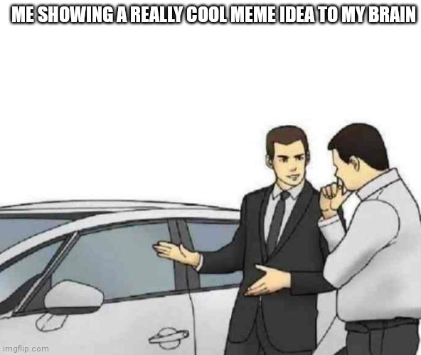 Bull crap | ME SHOWING A REALLY COOL MEME IDEA TO MY BRAIN | image tagged in memes,car salesman slaps roof of car | made w/ Imgflip meme maker