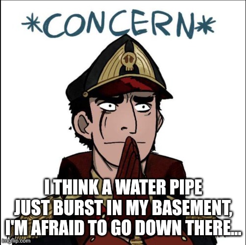 commissar concern | I THINK A WATER PIPE JUST BURST IN MY BASEMENT, I'M AFRAID TO GO DOWN THERE... | image tagged in commissar concern | made w/ Imgflip meme maker