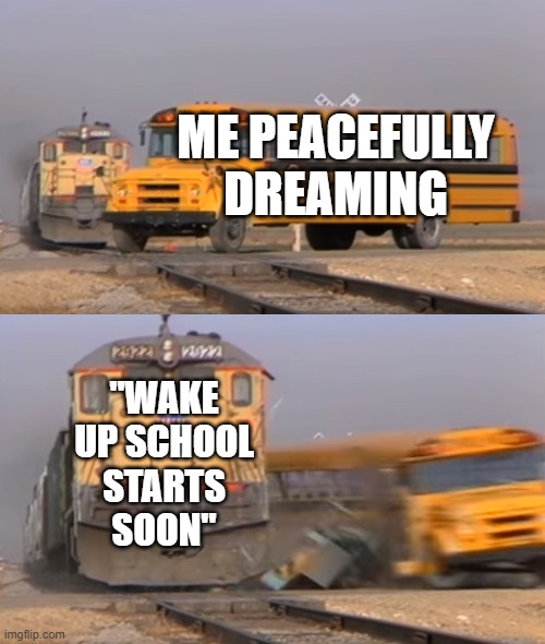 Basically me at 5am | ME PEACEFULLY DREAMING; "WAKE UP SCHOOL STARTS SOON" | image tagged in a train hitting a school bus | made w/ Imgflip meme maker