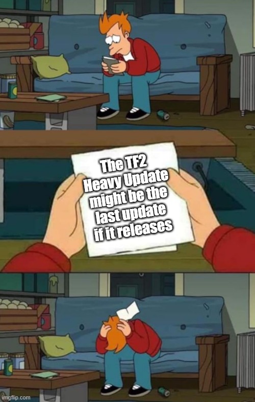 tf2 heavy update sad | The TF2 Heavy Update might be the last update if it releases | image tagged in futurama fry paper,tf2,tf2 heavy,tf2 heavy update | made w/ Imgflip meme maker