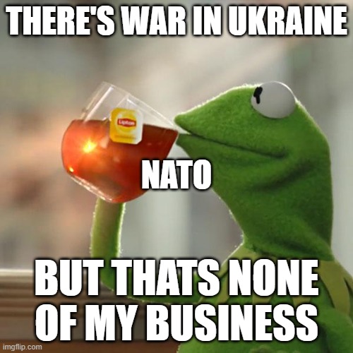 Kermittho | THERE'S WAR IN UKRAINE; NATO; BUT THATS NONE OF MY BUSINESS | image tagged in kermittho | made w/ Imgflip meme maker