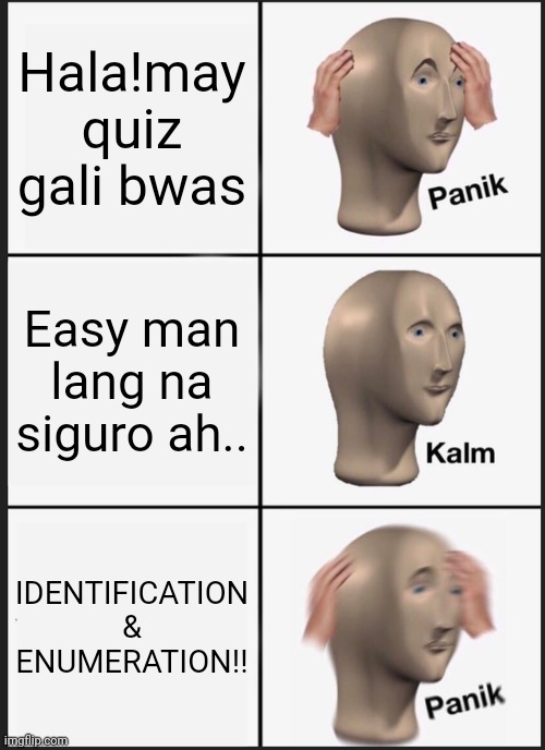 Meme | Hala!may quiz gali bwas; Easy man lang na siguro ah.. IDENTIFICATION & ENUMERATION!! | image tagged in memes,panik kalm panik | made w/ Imgflip meme maker