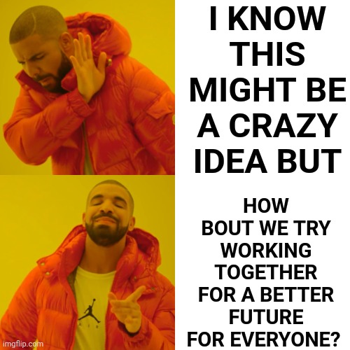 It's Just Crazy Enough It Might Work! | I KNOW THIS MIGHT BE A CRAZY IDEA BUT; HOW BOUT WE TRY WORKING TOGETHER FOR A BETTER FUTURE FOR EVERYONE? | image tagged in memes,drake hotline bling,cats and dogs living together,we are stronger together,love thy neighbor,god is love | made w/ Imgflip meme maker