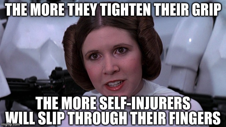 THE MORE THEY TIGHTEN THEIR GRIP THE MORE SELF-INJURERS WILL SLIP THROUGH THEIR FINGERS | image tagged in princess leah | made w/ Imgflip meme maker