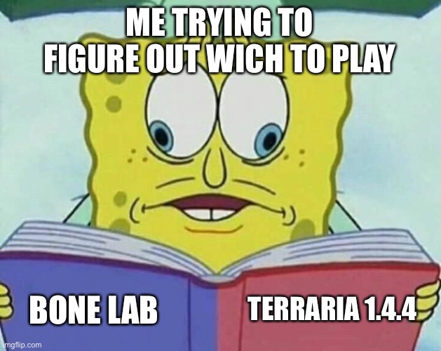 Terraria 1.4.4 is tomorrow and bone lab is day after | ME TRYING TO FIGURE OUT WICH TO PLAY; TERRARIA 1.4.4; BONE LAB | image tagged in cross eyed spongebob | made w/ Imgflip meme maker