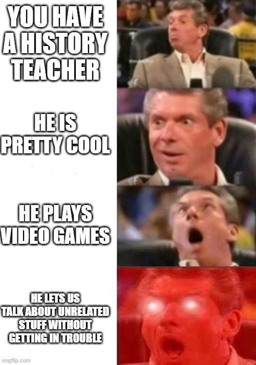 Very specific | YOU HAVE A HISTORY TEACHER; HE IS PRETTY COOL; HE PLAYS VIDEO GAMES; HE LETS US TALK ABOUT UNRELATED STUFF WITHOUT GETTING IN TROUBLE | image tagged in mr mcmahon reaction | made w/ Imgflip meme maker