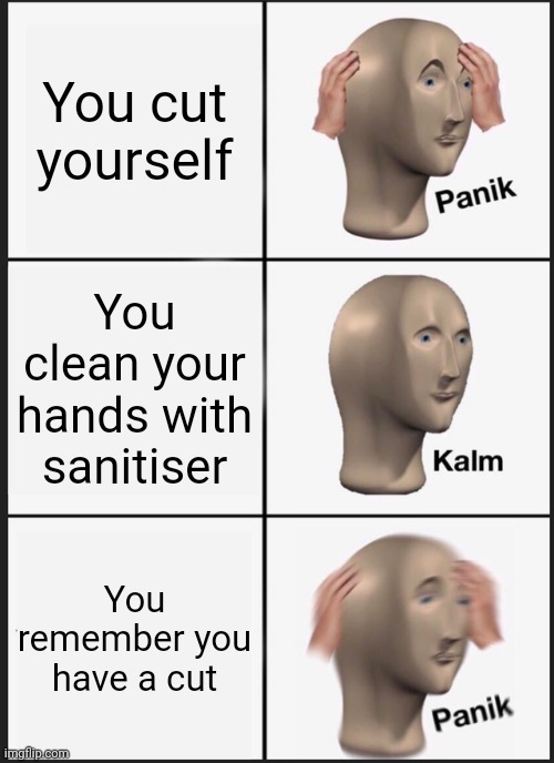 The pain though is unbearable | You cut yourself; You clean your hands with sanitiser; You remember you have a cut | image tagged in memes,panik kalm panik | made w/ Imgflip meme maker