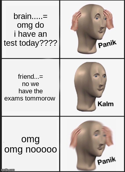 panik exams | brain.....= omg do i have an test today???? friend...= no we have the exams tommorow; omg omg nooooo | image tagged in memes,panik kalm panik | made w/ Imgflip meme maker
