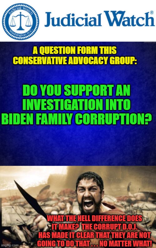 The political corruption of the D.O.J. is blatant and there for all the world to see. | A QUESTION FORM THIS CONSERVATIVE ADVOCACY GROUP:; DO YOU SUPPORT AN INVESTIGATION INTO BIDEN FAMILY CORRUPTION? WHAT THE HELL DIFFERENCE DOES IT MAKE?  THE CORRUPT D.O.J. HAS MADE IT CLEAR THAT THEY ARE NOT GOING TO DO THAT . . . NO MATTER WHAT! | image tagged in the doj | made w/ Imgflip meme maker