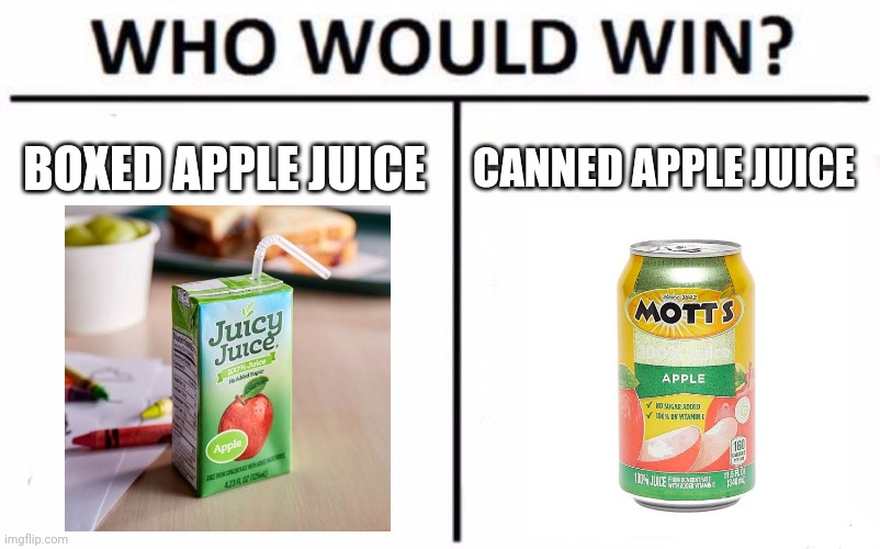 Who Would Win? | BOXED APPLE JUICE; CANNED APPLE JUICE | image tagged in memes,who would win,why are you reading this,you have been eternally cursed for reading the tags,explain,why | made w/ Imgflip meme maker