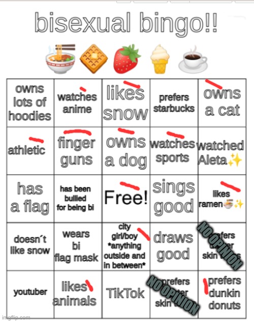 (For the ones that say more opinions its because it says skin tones and my preference is more on personality on genders then loo | NO OPINION; NO OPINION | image tagged in bi bingo,bisexual,bingo | made w/ Imgflip meme maker