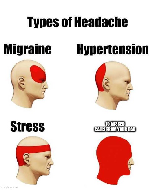 headaches | 15 MISSED CALLS FROM YOUR DAD | image tagged in types of headache,funny memes,dad,not funny,help me,pls | made w/ Imgflip meme maker