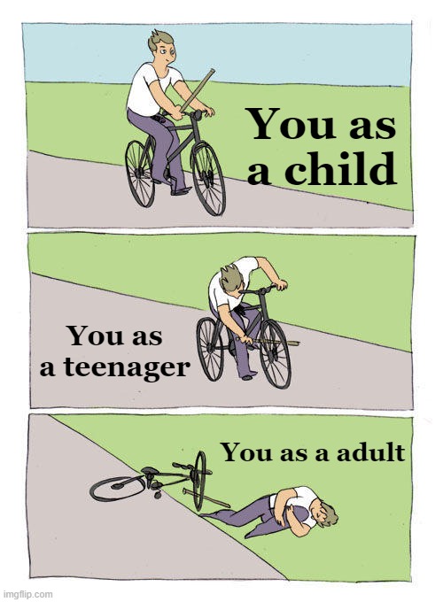 Growing Up Is Tough! |  You as a child; You as a teenager; You as a adult | image tagged in memes,bike fall,child,teenager,adult,funny | made w/ Imgflip meme maker