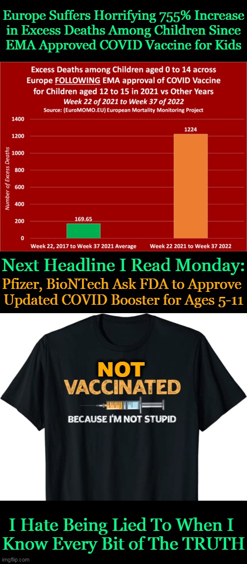 They Don't Care About Us & Think We Are Too Stupid To Connect The Dots . . . | Europe Suffers Horrifying 755% Increase
in Excess Deaths Among Children Since
EMA Approved COVID Vaccine for Kids; Next Headline I Read Monday:; Pfizer, BioNTech Ask FDA to Approve 
Updated COVID Booster for Ages 5-11; NOT; I Hate Being Lied To When I 
Know Every Bit of The TRUTH | image tagged in politics,covid vaccine,dangerous,side effects,death,the truth | made w/ Imgflip meme maker