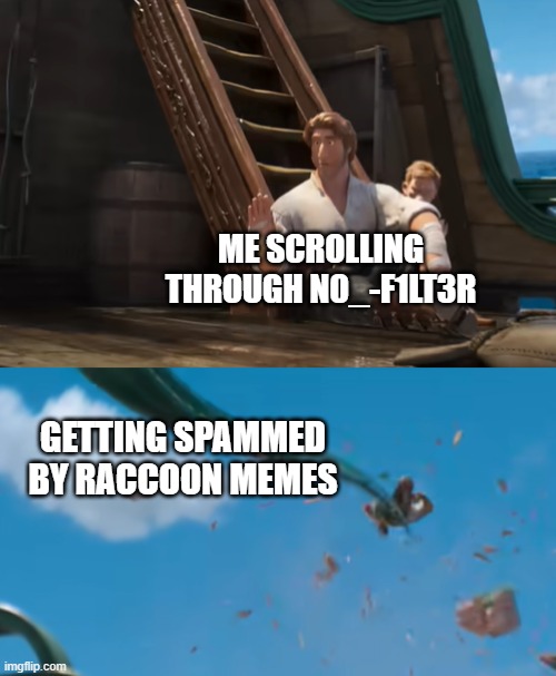 Jacob Holland gets yeeted | ME SCROLLING THROUGH N0_-F1LT3R GETTING SPAMMED BY RACCOON MEMES | image tagged in jacob holland gets yeeted | made w/ Imgflip meme maker