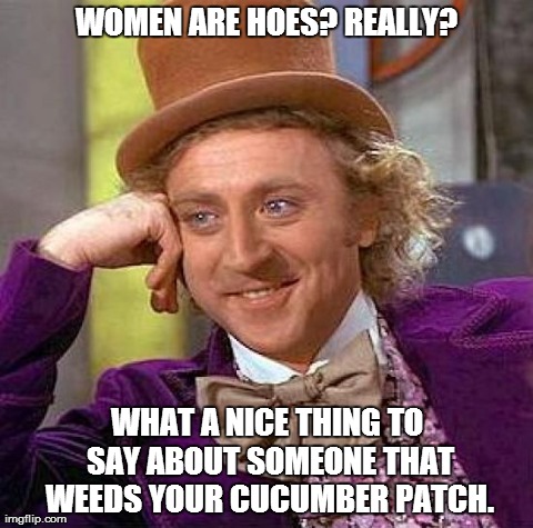 Creepy Condescending Wonka Meme | WOMEN ARE HOES? REALLY? WHAT A NICE THING TO SAY ABOUT SOMEONE THAT WEEDS YOUR CUCUMBER PATCH. | image tagged in memes,creepy condescending wonka | made w/ Imgflip meme maker