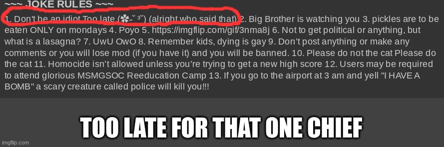 TOO LATE FOR THAT ONE CHIEF | made w/ Imgflip meme maker