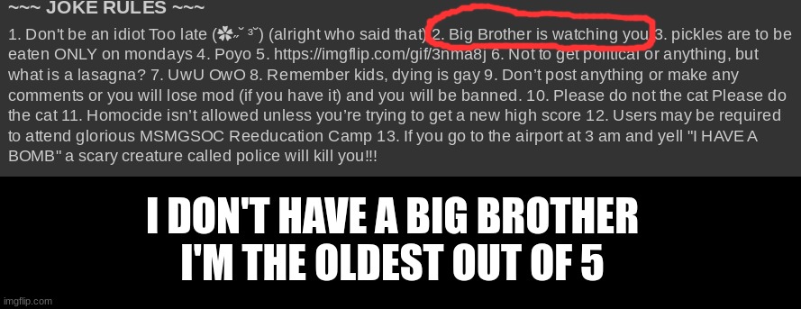 I DON'T HAVE A BIG BROTHER
I'M THE OLDEST OUT OF 5 | made w/ Imgflip meme maker