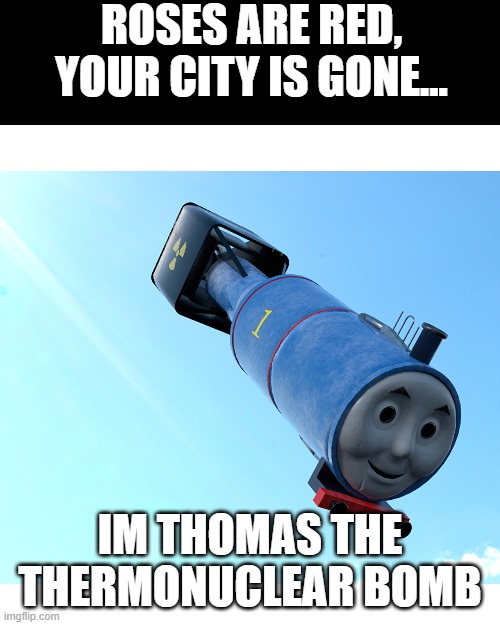 NO | ROSES ARE RED, YOUR CITY IS GONE... IM THOMAS THE THERMONUCLEAR BOMB | image tagged in memes,blank transparent square,idk | made w/ Imgflip meme maker